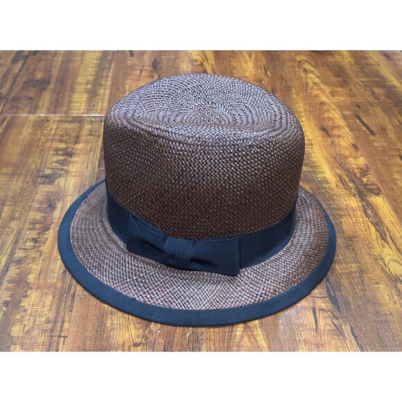Vintage St. John Patricia Underwood Made In USA Brown Woven Straw Fedora Hat main image 10